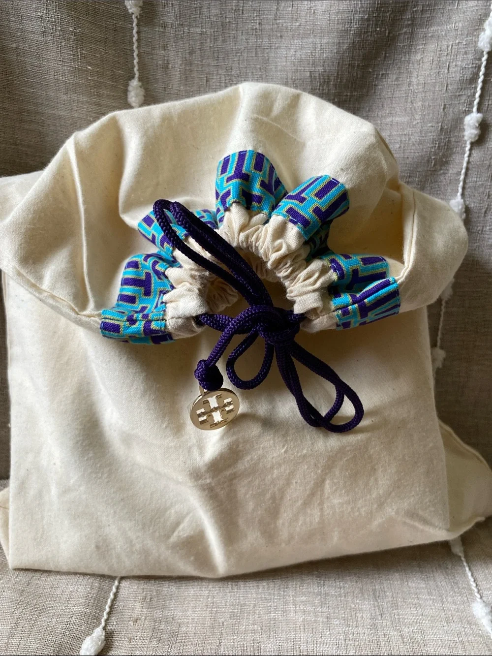 Tory Burch Canvas Drawstring Dust Bag with Blue & Teal Trim